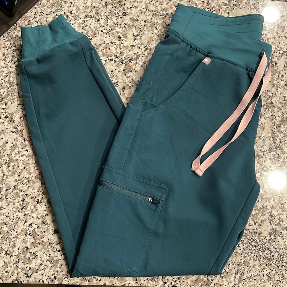 Figs Teal Joggers with Pink Drawstring